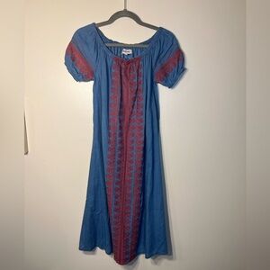 Madewell Blue Midi Dress with Red Embroidery